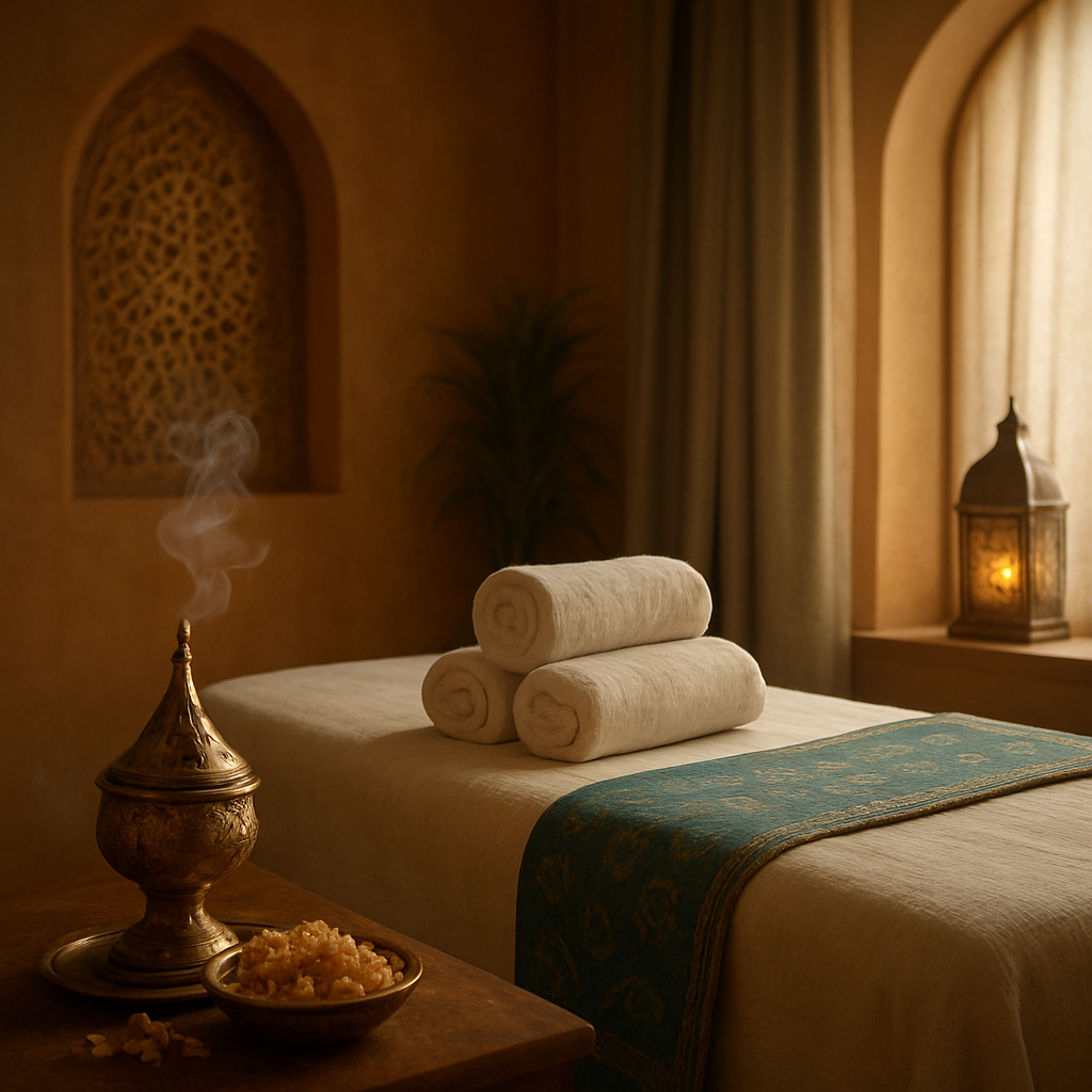 Sala de massoterapia com ambiente acolhedor e iluminação dourada